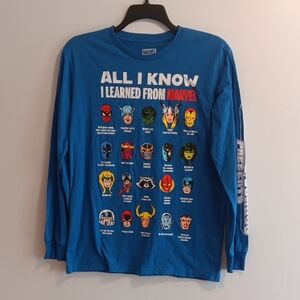 Marvel Blue Long Sleeve Tee w/ Iconic Graphics "All I Know I Learned From Marvel